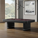 Captured in a stunning lifestyle setting, the Plank & Hide Deco Slate Pool Table in Black finish becomes the centerpiece of a stylish, contemporary space. The table’s sleek black surface and chrome or brass inlays add a sophisticated edge to any environment, whether used for a game night or as a chic dining surface with the optional matching dining top. Embrace the luxury and versatility of Sawyer Twain’s exclusive collection in your home.