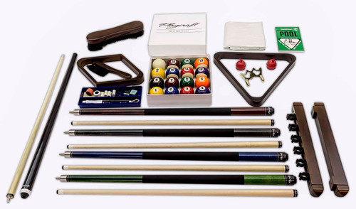 Styled setup of the Playcraft Deluxe Billiards Accessories Kit featuring espresso-finished wood triangles, brushes, and cues laid out beside a luxury pool table.

