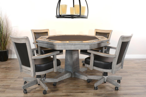 Henry poker and dining table set styled in modern game room, includes four padded chairs and reversible tabletop