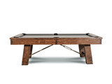 Side view of the Isaac Slate Pool Table in Distressed Brulee Brown & Gold, capturing the full length of the table. The image showcases the elegant distressed wood finish, oversized metal turnbuckles, and wooden top rails, with the table’s striking industrial design and high-quality construction clearly