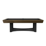 Side profile of the Novato Slate Pool Table by Plank & Hide, shown on a clean white background. Highlights the table’s streamlined proportions and clean silhouette with matte black legs and wood-tone frame.