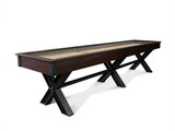 Portland Shuffleboard Table - Full View: A stunning modern industrial shuffleboard table featuring a distressed wood cradle and bold X-leg metal base, shown in a contemporary game room setting.