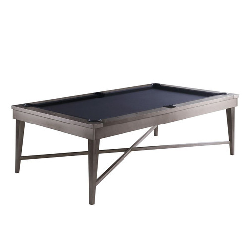 Saxxon Steel Slate Pool Table in Gunmetal Grey finish, shown in ¾ view. Features brushed steel frame, tapered legs, and industrial X-style stretcher base.