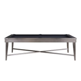 Side profile of the Saxxon Steel Pool Table with seamless top rail, concealed pockets, and Gunmetal Grey finish. Modern industrial styling by Plank & Hide.