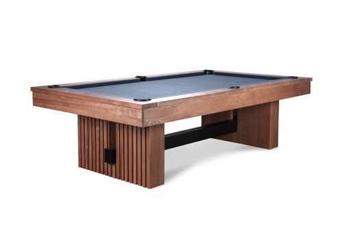 Front-facing ¾ view of the Vancouver Slate Pool Table in exclusive Honey Ash finish, crafted by American Heritage Billiards for Sawyer Twain. This visually commanding pool table showcases reeded wood legs and contemporary clean lines—designed for luxury interiors and modern homes seeking a slate pool table that doubles as a design statement.