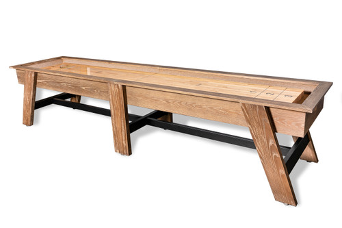 The Hunter 12' Shuffleboard Table by Nixon Billiards shown in a ¾ front angle, with the Brushed Walnut finish and matte black accents. The image highlights the table’s clean lines, industrial style, and robust craftsmanship, ideal for upscale game rooms. Available exclusively at Sawyer Twain.