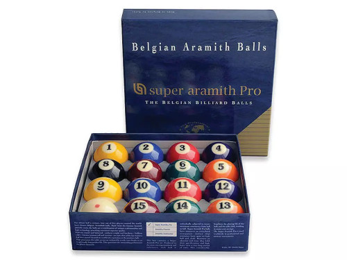 The Super Aramith Pro Billiard Ball Set includes a complete set of 15 numbered balls and an official Aramith Pro cue ball with red insignia, neatly arranged in a branded blue box. Crafted in Belgium, these tournament-grade balls are made from phenolic resin for exceptional precision, durability, and long-lasting play.