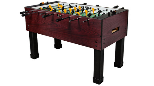 Tornado Sport Foosball Table in rich mahogany finish, angled to show its adjustable legs and sturdy cabinet.