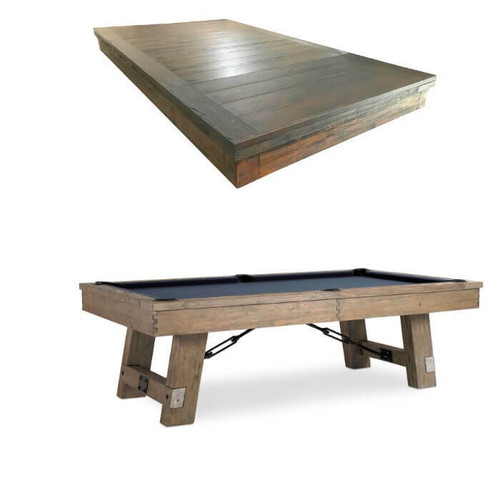 The Isaac Slate Pool Table with the 4-piece leaf dining top attached, seamlessly transforming from a competitive game table to a sophisticated dining experience. A perfect fit for modern living spaces where versatility and style are key.