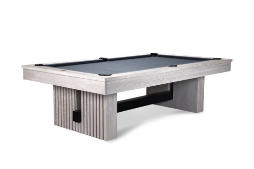 Full ¾ angle showcasing the Vancouver Slate Pool Table in White Wash finish by American Heritage Billiards, exclusive to Sawyer Twain. Highlights the striking reeded leg design and minimalist rails for a sleek, contemporary look.