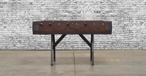 Williamsburg Industrial Foosball Table by Venture, featuring a handcrafted solid wood frame and cold-rolled steel legs. Built in the USA with custom finishes available exclusively at Sawyer Twain.
