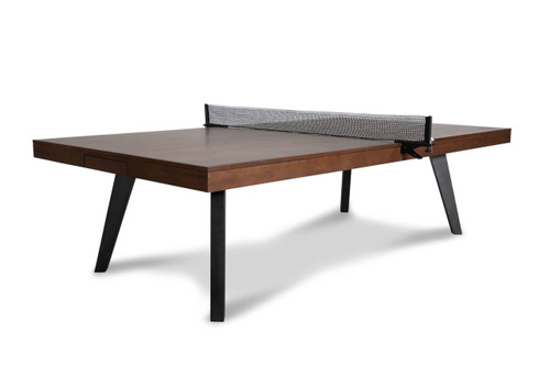 Harper Table Tennis Table by Plank & Hide featuring a sleek walnut-finished tabletop, durable gunmetal steel legs, and a built-in storage drawer for paddles and balls. Exclusively available at Sawyer Twain.