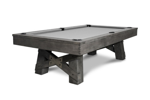 ¾ view of the Georgia Slate Pool Table in Grayson Grey finish, highlighting the bold X-style crossbeam and oversized one-piece legs.
