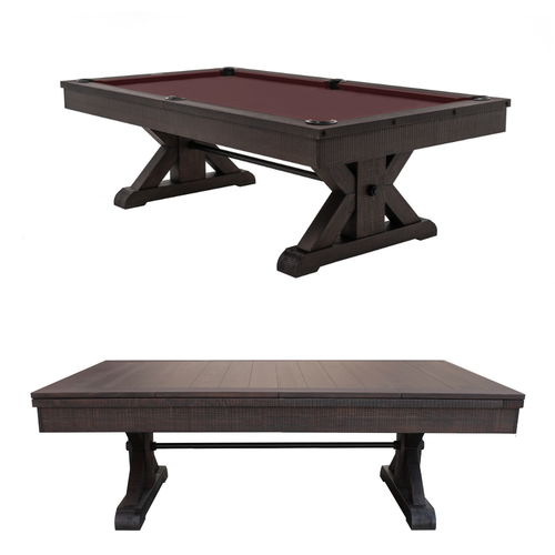 Side-by-side feature image of the Otis Slate Pool Table by Plank & Hide in Smokehouse finish, shown on a white background with one view of the exposed slate playfield and another with the optional dining top installed, highlighting the table’s dual-purpose design and rustic-modern style