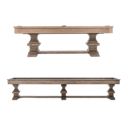 The Beaumont Slate Pool Table and Shuffleboard Table shown together in matching distressed finish with a clean white background. Solid ash wood frames, one-piece pedestal legs, and trestle-inspired bases offer a refined look perfect for modern game rooms.
