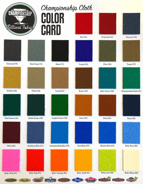 Swatch card displaying the full range of colors available for the Championship Invitational Billiard Felt. Featuring vibrant hues like Academy Blue, Tournament Blue, and Steel Gray, this color selection offers a variety of premium options to complement your pool table and game room décor.