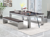 A styled lifestyle shot of the Playcraft Genoa Slate Pool Table in Walnut on Silver finish with the 2-piece dining top in place and matching benches neatly tucked underneath. Set in a clean, contemporary dining space with natural light and minimalist décor, this image highlights the table’s dual-purpose functionality. The benches blend seamlessly with the Parsons-style design, offering additional seating without sacrificing floor space. This setup reinforces Sawyer Twain’s commitment to high-end, space-conscious game room solutions that elevate both form and function in modern homes.