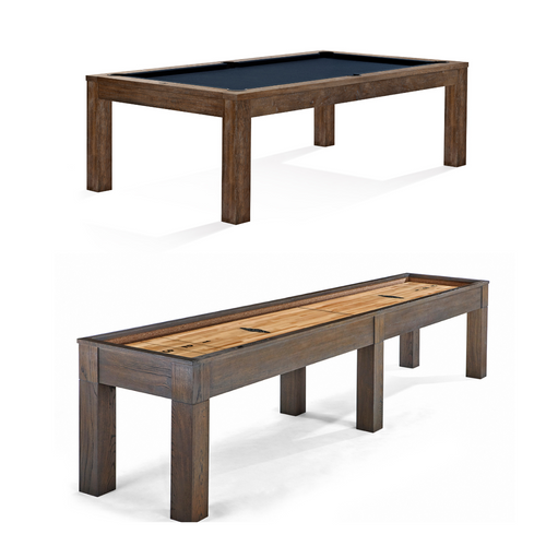 A high-resolution image displaying the Brunswick Soho 8' Slate Pool Table and 12' Shuffleboard Table together in a clean, white background setting. Both tables are shown side by side in a matching nutmeg finish, highlighting their cohesive Parsons-style design and solid mahogany construction. This image emphasizes the visual harmony and upscale appeal of the combo, ideal for luxury game rooms, interior design portfolios, and discerning buyers seeking a modern, coordinated gaming furniture set. A perfect visual for showcasing the full Brunswick Soho Combo offered exclusively at Sawyer Twain.