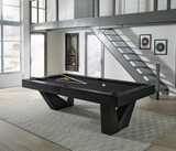The Annex 8ft Pool Table styled in a modern game room, emphasizing its sleek Black Ash finish, elegant design, and suitability for contemporary spaces.