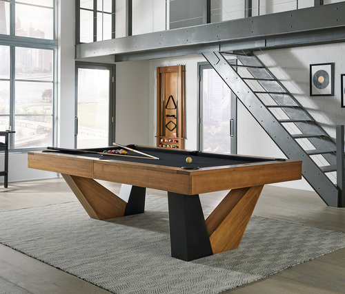 The Annex Pool Table in a two-tone Brushed Walnut and Black Ash finish by American Heritage Billiards, featuring sleek leather drop pockets and a modern design.