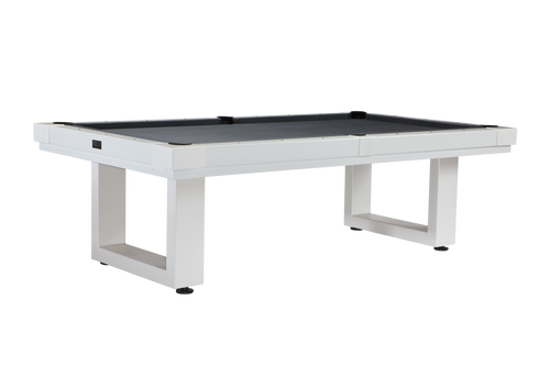 American Heritage Lanai 8ft Outdoor Pool Table in White, shown in a luxurious outdoor setting with premium stainless steel hardware and a sleek weather-resistant finish.
