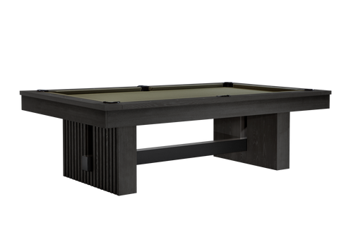 American Heritage 8' Vancouver Slate Pool Table in Black Ash, featuring reeded wood legs, a premium slate surface, and genuine leather pockets. A perfect addition to any luxury game room, available exclusively at Sawyer Twain USA.