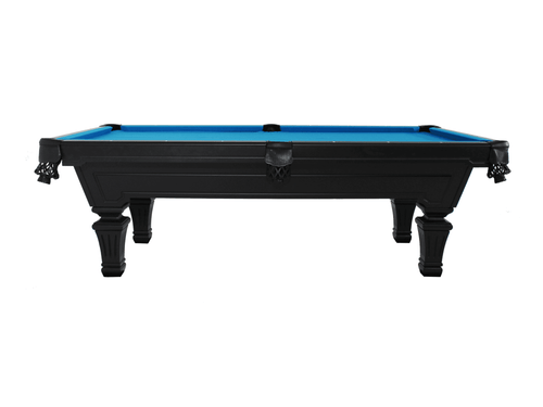 The Benton 8-foot Slate Pool Table by Doc & Holliday in a rich Matte Black finish, shown on a white background. Features include fluted tapered legs, routed apron detailing, genuine leather drop pockets, and a premium three-piece Brazilian slate playfield. Crafted in the USA from solid poplar wood, this luxury billiard table combines classic design with modern elegance—ideal for upscale game rooms and designer interiors.