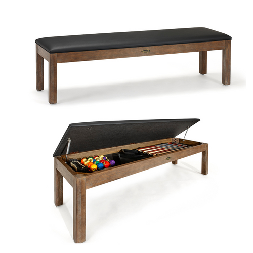 Brunswick Billiards Centennial Storage Bench available in multiple finishes. The perfect seating and storing your cue sticks and billiard ball set.
