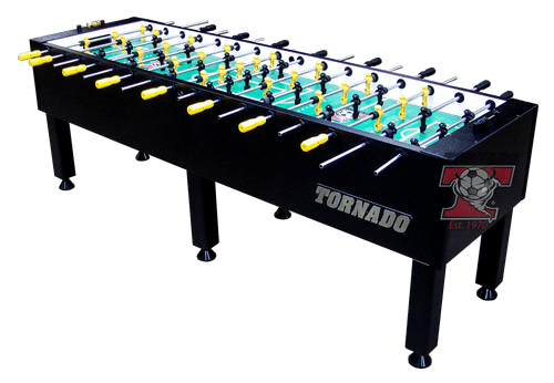 ¾ angled view of the Tornado 8-Player Foosball Table on a clean white background, showcasing its LED-lit playfield, rugged commercial build, and signature Rustic finish. Built for large groups and high-impact visual presence.