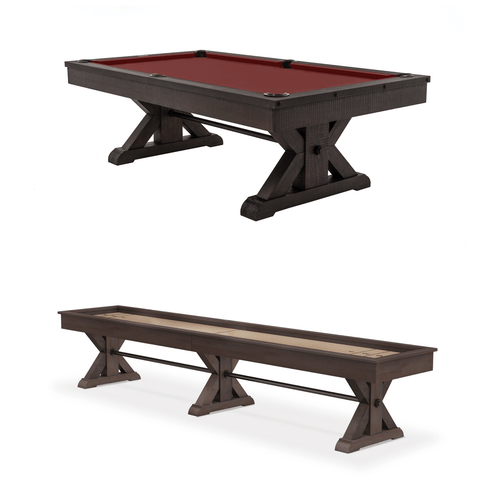 Angled view of Otis Pool Table and matching Shuffleboard Table in Smokehouse finish with solid wood and industrial detailing