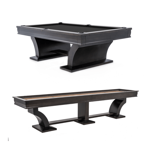 Side-by-side view of the Paxton Pool Table in Tobacco finish and Paxton Shuffleboard Table in Vintage Sable. Showcases matching arc-style bases and solid Aspen wood construction.