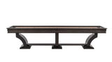 Straight-on side view of the Paxton Shuffleboard showing full cabinet length, matching legs, and handcrafted finish.